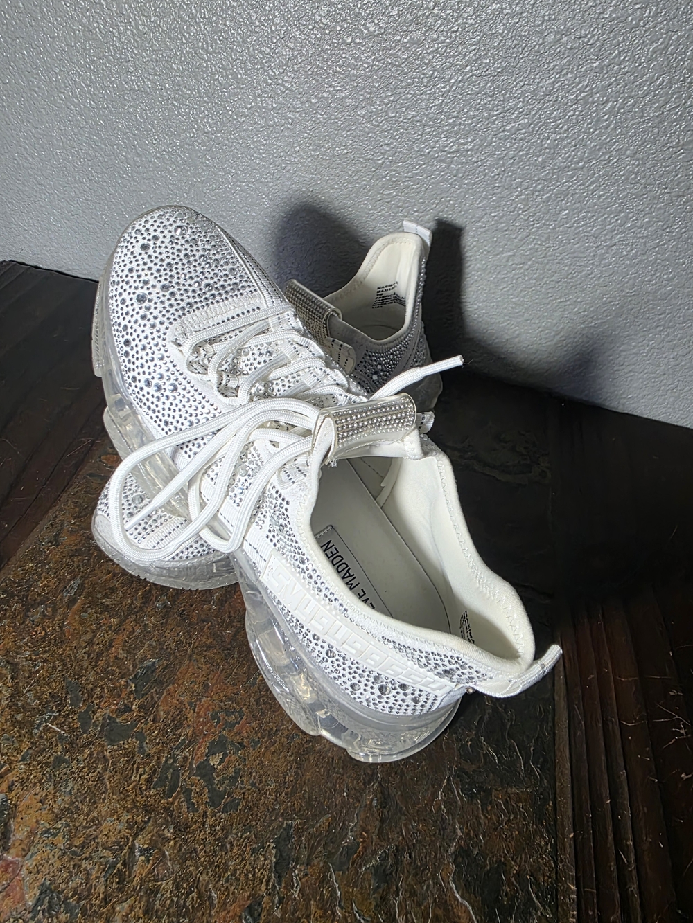Steve Madden White Crystal-Embellished Clear-Sole Sneakers